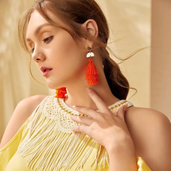 Orange and Gold Tassel Earrings - Picture 3 of 5